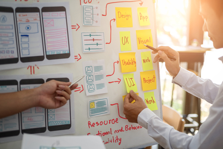 UX designer creative group working about planing mobile application project with sticky notes. User experience concept.の写真素材