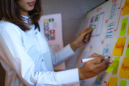 Designer women of planning website  and sketch drawing template layout for application developing in . User experience Design concept.の写真素材