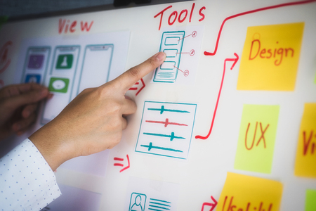 Graphic designer woman sketch drawing layout for application developing for mobile applications. User experience Design concept.の写真素材