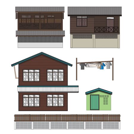 An Conceptual illustrator of a Wooden House in Low Rise Community of Thailand. Structure made by wood.  No.02のイラスト素材