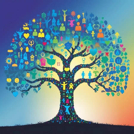 This image presents an abstract tree formed by numerous small icons and symbols, predominantly human figures and various conceptual symbols. The icons are rendered in a wide palette of bright colors, creating a lively and dynamic appearance. The tree's silhouette stands against a sky that transitions through a gradient of blue, purple, and orange. A dark, silhouetted grassy area forms the ground.の素材