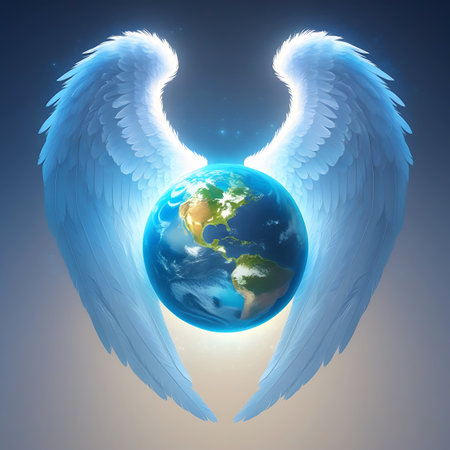 A glowing blue and green Earth is cradled by large, luminous white angel wings. The wings are spread open, creating a protective embrace around the planet. The background is a dark, starry sky with subtle hints of light and cosmic dust, suggesting a celestial or spiritual setting.の素材