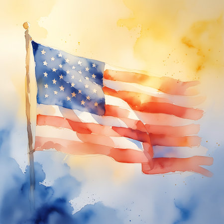 This is a watercolor depiction of the American flag in motion. The red and white stripes and the blue field with white stars are painted with fluid brushstrokes, giving the impression of movement. Golden sunlight illuminates the flag from the right, casting a warm glow. The background features soft blue and yellow washes, suggesting a sky. The artistic style emphasizes emotion and patriotism.の素材