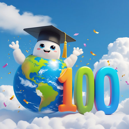 A cheerful, animated Earth character wearing a black graduation cap with a gold tassel is depicted floating among fluffy white clouds against a bright blue sky. The Earth has a smiling face and raised arms. Beside it, large, colorful numbers "100" in orange, green, and blue stand prominently. Golden and pink confetti are scattered in the air, creating a celebratory atmosphere.の素材