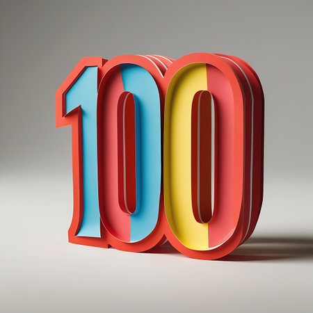A bold, three-dimensional rendering of the number 100. The numbers are thick and have a distinct outline. Each digit is divided into segments of bright red, light blue, and yellow, with a white edge. The rendering casts a subtle shadow on a plain, light gray background, emphasizing its depth and form.の素材