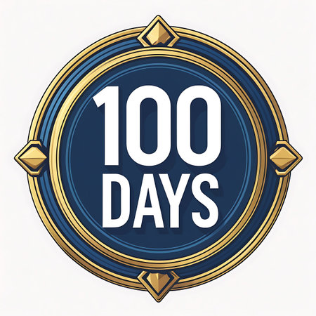 A circular emblem with a deep blue center and a golden outer ring. The number "100" is prominently displayed in white on the upper half of the blue circle, with the word "DAYS" in white below it. The emblem is adorned with four golden diamond-shaped accents at the cardinal points and has a textured inner ring. The background is plain white.の素材