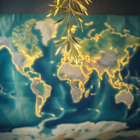A close-up view of a golden olive branch with illuminated leaves hangs from the top of the frame, intentionally blurred to create a soft, ethereal effect. Behind it, a world map is visible, with continents outlined in a soft golden light against a dark blue background. The overall impression is dreamlike and atmospheric.の素材