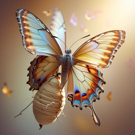 A close-up view of a butterfly with intricately patterned and colorful wings perched atop a ribbed, striped cocoon. The background is softly blurred with warm, golden light and hints of bokeh, creating an ethereal and dreamlike atmosphere. The image emphasizes the beauty and delicate nature of the butterfly and its life cycle.の素材