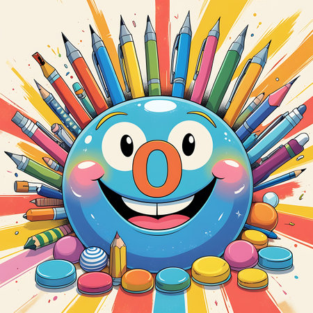 A bright blue, cartoonish smiley face with a large grin and big eyes is the central focus of this image. It is surrounded by an array of colorful pens and pencils radiating outwards, creating a sunburst effect. The background features bold, colorful stripes. The overall impression is one of fun, creativity, and education.の素材