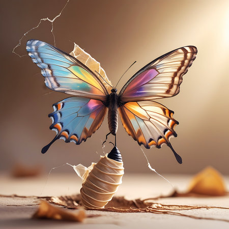 A vividly colored butterfly with iridescent wings is captured in the moment of emerging from its striped cocoon. The cocoon rests on a textured, cracked surface resembling dry earth, with scattered dry leaves. The lighting creates a soft, ethereal glow, highlighting the delicate details of the butterfly and its transformative process.の素材