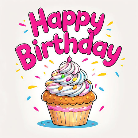 A whimsical cartoon illustration of a cupcake with a golden brown wrapper and a swirl of pink and white frosting topped with colorful candies. The words "Happy Birthday" are displayed in bold pink lettering above the cupcake, surrounded by scattered confetti and small colorful dots, creating a cheerful and festive birthday greeting.の素材