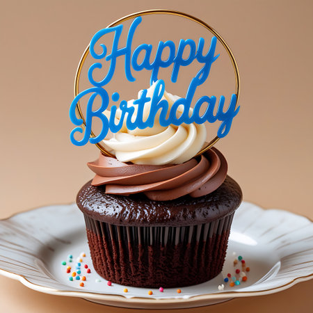 Phoenix showing chocolate cupcake with swirled frosting and happy birthday topper keywords: cupcake, chocolate, cake, dessert, sweet, treat, frosting, swirl, cream, white, brown, happy birthday, topper, gold, blue, inscription, celebration, birthday, party, confectionery, baked goods, delicious, indulgence, sugar, joy, festive, occasion, treat, snack, food, bakery, homemade, gourmet, individual, serving, close-up, studio, soft focus, bokeh, background, light brown, beige, white plate,...の素材
