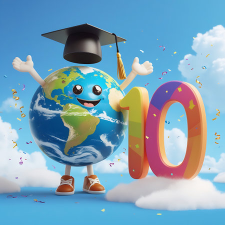 A happy, animated Earth character, wearing a black graduation cap and white sneakers, stands on a cloud against a vibrant blue sky. The Earth has a smiling face and its arms are raised. Next to it, the number "10" is displayed in large, colorful digits with a gradient of orange, pink, and yellow, featuring small colorful dots. Confetti is falling around the scene, adding to the festive and educational theme.の素材