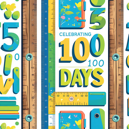 Pattern showing celebrating 100 days of school with colorful decorations and rulers keywords: school, celebration, 100 days, education, learning, children, kids, numbers, ruler, measuring, growth, progress, colorful, bright, cheerful, fun, playful, design, graphic, illustration, back to school, kindergarten, primary school, elementary school, achievement, milestone, counting, math, measurement, wooden ruler, paper ruler, stack of books, flowers, leaves, blue, yellow, green, orange, pink,...の素材
