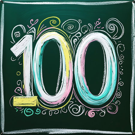 The number "100" is drawn in chalk on a dark green chalkboard. The numbers are rendered with thick, textured chalk lines in white, pink, teal, and yellow. Decorative chalk elements, including swirls, dots, and small shapes, are scattered around the numbers, adding a whimsical and artistic touch. The composition is vibrant and playful, suggesting themes of education and celebration.の素材