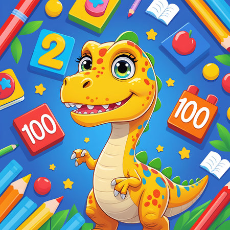 Phoenix showing cartoon dinosaur surrounded by educational numbers and pencils keywords: dinosaur, cartoon, cute, friendly, yellow, orange, green, blue, red, spots, happy, smiling, teeth, eyes, claws, tail, educational, learning, numbers, number 100, number 2, blocks, pencils, crayons, books, stars, apple, round, square, blue background, children, kids, preschool, kindergarten, school, fun, playful, illustration, graphic, character, drawing, art, creative, vibrant, colorful, cheerful,...の素材