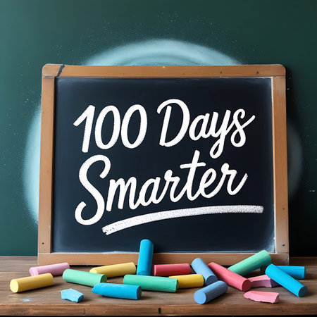 Phoenix showing chalkboard celebrating 100 days smarter with colorful chalk keywords: chalkboard, 100 days smarter, education, school, learning, chalk, colorful, writing, message, celebration, achievement, kindergarten, elementary school, back to school, classroom, teaching, student, knowledge, success, fun, creative, art, drawing, writing tool, dust, wooden frame, wooden desk, table, scattered, variety, bright colors, pink, blue, yellow, green, red, white, text, lettering, inscription,...の素材