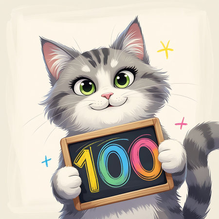 A cute, cartoon tabby cat with large green eyes and a friendly smile holds a small wooden chalkboard. The chalkboard displays the number "100" written in vibrant, rainbow-colored chalk with a playful, swirling effect. Small, colorful plus signs and a star are scattered around the cat.の素材