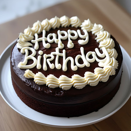 A decadent chocolate birthday cake is decorated with "Happy Birthday" elegantly written in smooth white frosting. A border of white piped frosting swirls encircles the top edge of the cake, adding a classic and celebratory touch.の素材