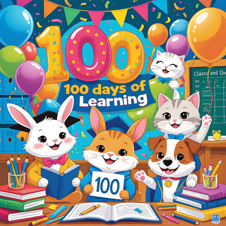 A bright and engaging cartoon illustration featuring a group of smiling animal characters, including a bunny, cats, and a dog, celebrating 100 Days of Learning. They are depicted in a classroom setting, some wearing graduation caps, surrounded by balloons, confetti, books, and school supplies.の素材