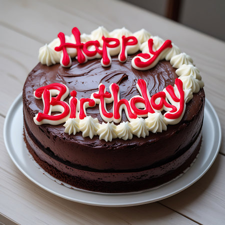 A rich chocolate birthday cake is adorned with "Happy Birthday" written in bold red frosting with white outlines. Swirls of white frosting decorate the edges of the cake, creating a festive and celebratory presentation.の素材