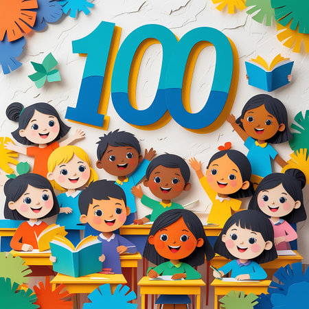 This colorful illustration showcases a lively group of cartoon children celebrating 100 days of school in a classroom setting. The large "100" numeral is a central focus, surrounded by playful paper decorations and stars. The diverse students are depicted with happy expressions, some holding books and pencils, others waving enthusiastically. The scene is filled with bright colors and a sense of energetic fun, highlighting the joy of learning and reaching an educational milestone.の素材