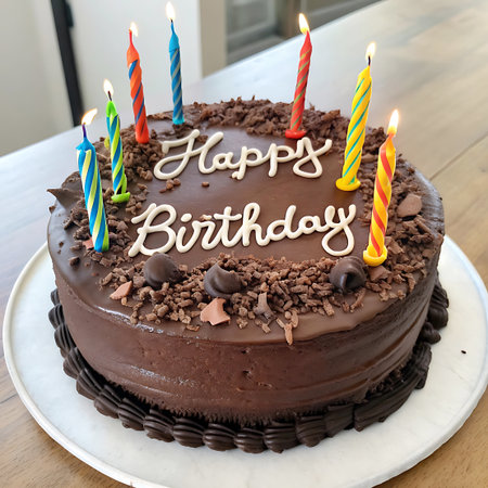 A rich chocolate birthday cake is topped with a "Happy Birthday" message in white frosting, surrounded by chocolate shavings and chips. Six colorful, lit birthday candles are placed on top, adding a festive touch. The cake sits on a white plate on a wooden surface, with a blurred background.の素材