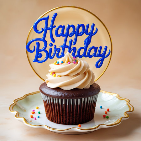 A single chocolate cupcake sits on a decorative plate, topped with a swirl of creamy vanilla frosting and colorful sprinkles. A blue "Happy Birthday" topper with a gold rim is placed behind the cupcake, adding a festive touch to this sweet treat.の素材