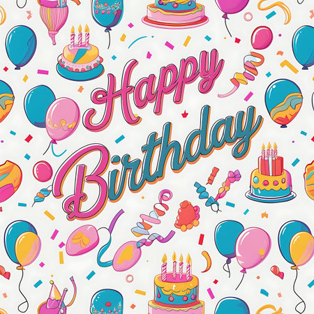 A vibrant and cheerful seamless pattern for a Happy Birthday theme. The design features stylized illustrations of birthday cakes with candles, colorful balloons, and scattered confetti and streamers. The text "Happy Birthday" is prominently displayed in a playful, multi-colored font. The background is white, making the colorful elements pop.の素材