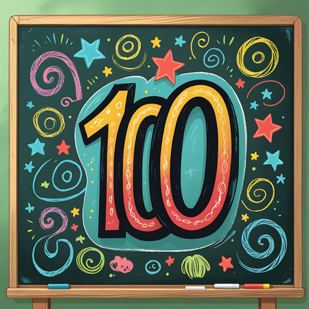 A framed chalkboard is filled with colorful chalk drawings and the large, bold number 100. The number is rendered in a vibrant style with orange and yellow hues outlined in black. Surrounding it are playful chalk doodles including stars, swirls, and other decorative elements in various bright colors. The chalkboard has a wooden frame and appears to be on an easel.の素材