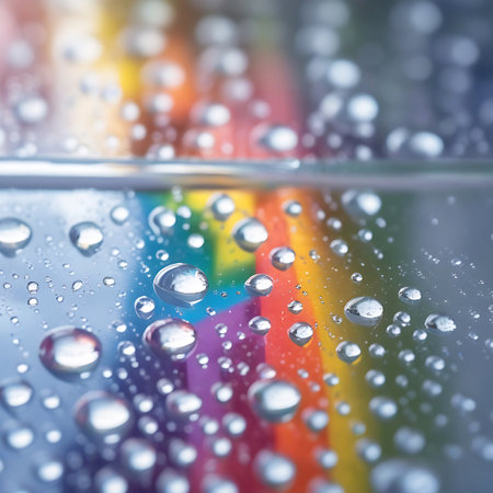 A close-up macro shot reveals numerous clear water droplets clinging to a transparent surface. Behind the droplets, a blurred rainbow of vibrant colors creates an abstract and colorful background. The light reflects and refracts through the water, highlighting the spherical shapes of the droplets and their delicate textures.の素材