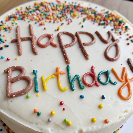 A close-up view of a white frosted birthday cake. The words "Happy Birthday" are written on top in brown icing. The cake is generously covered with a variety of colorful sprinkles, both on the top and around the sides. Small, round candies in various bright colors are also scattered on the frosting.の素材