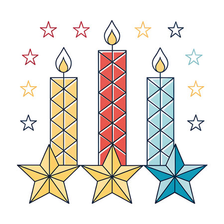 A vibrant and stylized illustration for a birthday celebration. It features three tall candles in yellow, red, and blue, each with a yellow flame and a geometric patterned body. Three large stars, matching the candle colors, are positioned beneath them, and smaller stars in various colors are scattered around the top. The design is clean, modern, and festive.の素材