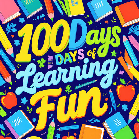 A bright and engaging illustration for "100 Days of Learning Fun". The celebratory text is rendered in a variety of cheerful colors against a dark blue background. The composition is enriched with numerous depictions of open books, pencils, and apples, creating a visually stimulating and educational design.の素材