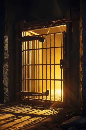 A closed, rustic metal prison cell door with thick bars is dramatically lit by bright, golden light emanating from beyond. Intense light rays cast sharp shadows on the sandy, textured floor. The scene conveys a sense of confinement with a glimmer of hope.の素材