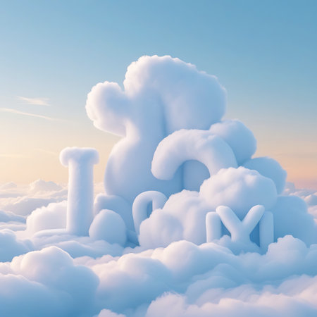 A whimsical and romantic scene where the words "I love you" are formed by soft, white clouds. These cloud letters float gently in a serene sky, illuminated by the soft, warm light of dawn or dusk. The surrounding cloudscape is gentle and ethereal, creating a dreamlike atmosphere.の素材