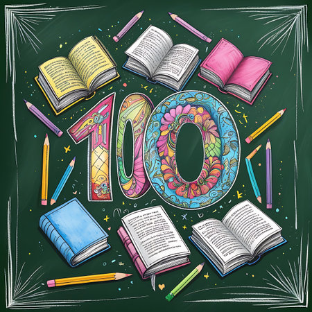 A vibrant illustration depicts the number 100 in a whimsical style, surrounded by open and closed books, colored pencils, and crayons. The scene is set against a chalkboard background with chalk outlines, suggesting a celebration of the 100th day of school or a significant educational milestone. The artwork is colorful and playful, evoking a sense of creativity and learning.の素材