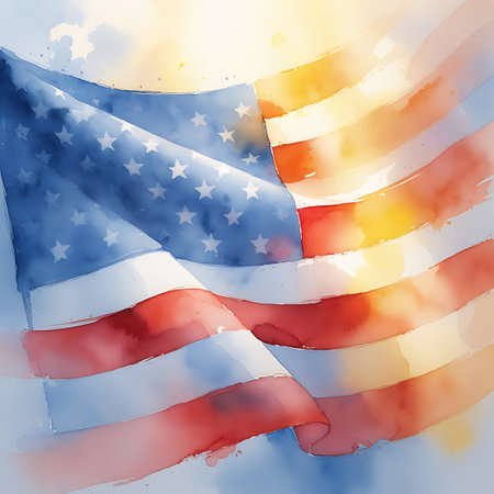 A close-up view of the American flag rendered in a watercolor style. The details of the stars and stripes are softened by the artistic medium, with visible brushstrokes and blended colors. Bright yellow and orange tones dominate the upper right, indicating intense sunlight. The red and white stripes are vibrant, and the blue field with white stars is clearly visible. The background is a soft wash of blue and white.の素材