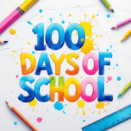 The image displays the words "100 DAYS OF SCHOOL" in large, colorful, 3D letters. The letters transition through shades of blue, orange, and pink, with a glossy finish. Around the text are scattered colorful paint splatters in yellow, blue, and pink. Several colored pencils and a pink crayon are positioned at the edges of the frame, and a blue ruler is visible in the lower right corner. The background is a textured white surface, resembling paper.の素材