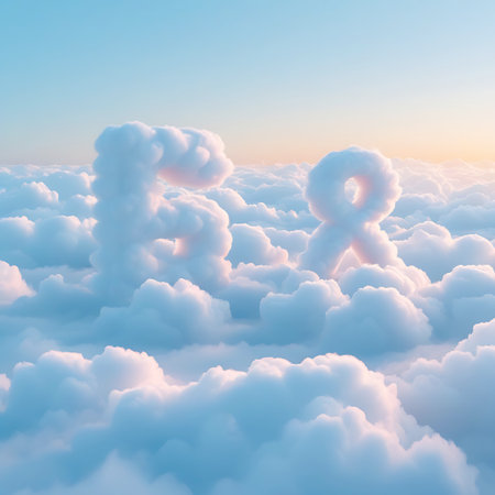 A surreal and dreamlike scene where the letters F and R are formed from soft, fluffy white clouds. They float serenely in a vast expanse of blue sky, bathed in the warm, pastel hues of a sunrise or sunset. The surrounding clouds create a soft, undulating landscape, evoking a sense of peace and wonder.の素材
