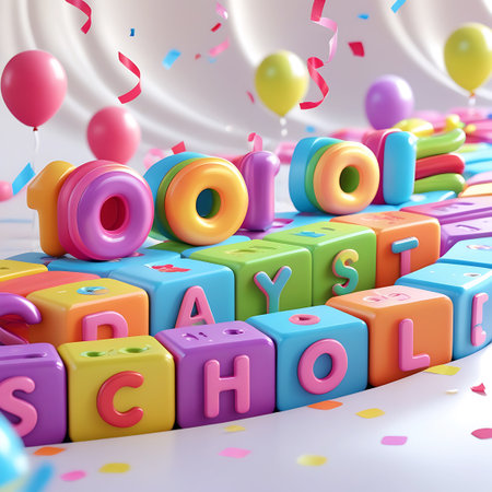 A vibrant and cheerful scene depicting the celebration of "100 Days of School." Colorful, rounded blocks with letters and numbers are arranged to spell out the phrase. Brightly colored balloons float in the background, and scattered confetti adds to the festive atmosphere. The overall impression is one of playful learning and accomplishment.の素材