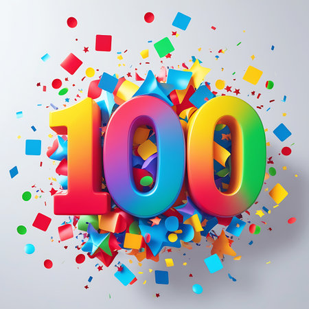 A vibrant 3D rendering of the number 100, depicted in a rainbow gradient of colors. The numeral is surrounded by a burst of colorful confetti and streamers in various shapes and sizes, including squares, circles, and stars. The background is a clean, light gray, making the celebratory elements pop. This image evokes a sense of joy, achievement, and festive celebration.の素材