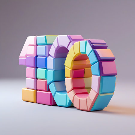 A three-dimensional representation of the number 10 is constructed from colorful, pastel-colored toy building blocks. The blocks are rounded and interlock to form the digits. The number is presented on a plain, light gray background with soft shadows, highlighting its playful and educational nature.の素材