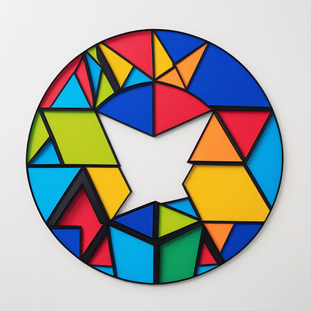 A circular stained glass window pattern is depicted, composed of numerous colorful geometric shapes including triangles, quadrangles, and irregular polygons. The shapes are outlined with thick black lines, creating a bold, graphic effect. The colors are vibrant and include shades of red, blue, yellow, green, and orange. The overall design is abstract and symmetrical, with a central void that contributes to the intricate pattern.の素材