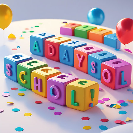 Colorful, rounded blocks with letters and numbers are arranged to spell "SCHOOL DAYS." The blocks are in various bright colors and are scattered on a surface with confetti. Several balloons are visible in the background, adding to the festive and celebratory mood. This image evokes a sense of fun and achievement in education.の素材