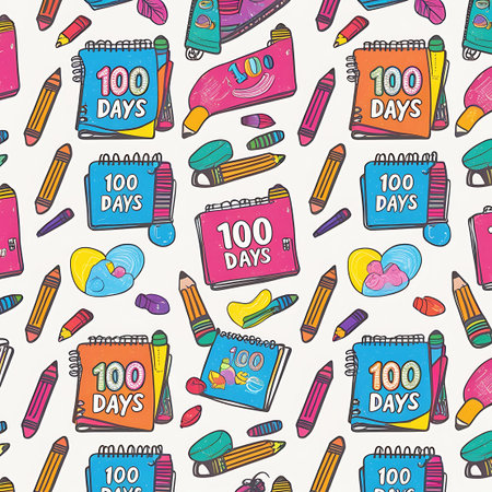 Pattern showing colorful doodle pattern celebrating 100 days of school keywords: 100 days, school, education, learning, celebration, pattern, seamless, background, doodle, illustration, notebook, pencil, crayon, pen, eraser, heart, numbers, text, kids, children, elementary, primary, counting, achievement, success, fun, colorful, whimsical, cute, drawing, graphic, design, repeating, stationery, supplies, school supplies, back to school, school days, hundred days, school celebration, education...の素材