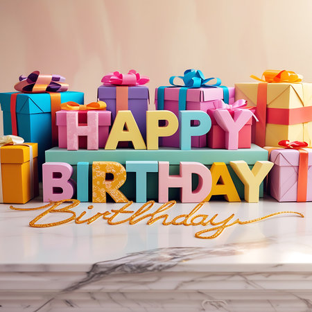 A vibrant display of colorful birthday gifts, some stacked and others individually placed, are arranged on a marble countertop. Prominent 3D letters spell out "HAPPY BIRTHDAY", with a shimmering golden script underneath. The gifts are tied with ribbons and bows in various pastel shades, creating a cheerful and festive atmosphere.の素材