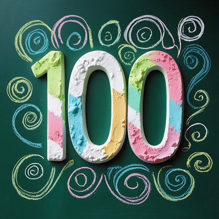 A large, three-dimensional number "100" is displayed prominently on a dark green chalkboard. The numbers are textured and filled with various pastel colors including pink, white, light green, yellow, and light blue. Decorative chalk swirls in white, pink, light blue, and yellow surround the numbers, creating a playful and artistic composition. The overall image evokes a sense of education, celebration, and creativity.の素材