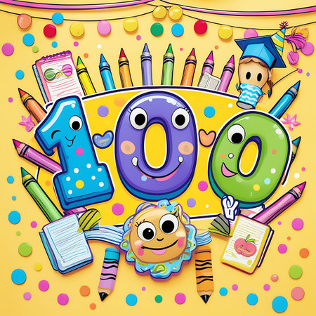 A vibrant and cheerful cartoon illustration features the number 100 depicted with happy, smiling faces. A little girl wearing a graduation cap stands on the right. Various school supplies like crayons, pencils, and notebooks are scattered around, along with colorful confetti and balloons, creating a festive and educational theme.の素材