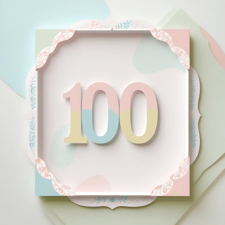 A square frame with a decorative scalloped edge, adorned with subtle floral and leaf motifs in pastel pink and light blue. Inside the frame, the number "100" is presented in a clean, three-dimensional style, with each digit divided into sections of pastel yellow, light blue, and soft pink. The frame is layered over abstract pastel shapes in pink, blue, and green, creating a soft, ethereal background.の素材
